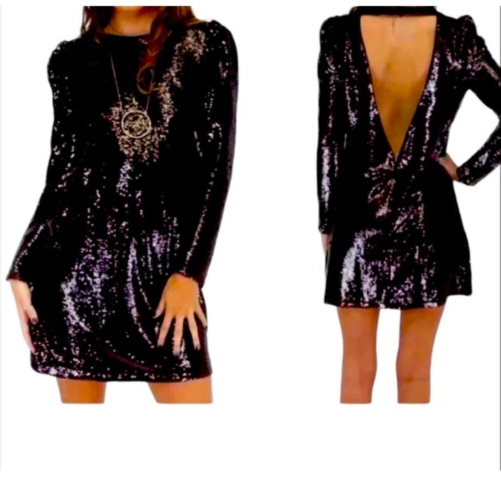Sparkling Black Sequin Long Sleeve Boat Neck Low Back Buckle Detail Mini Dress M